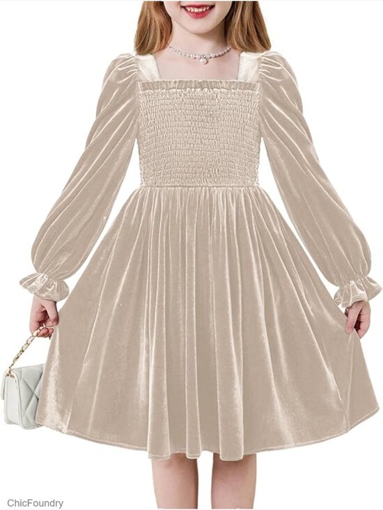Other - Toddler Velvet Dress Smocked Square Neck Puff Long Sleeve Party Dresses with